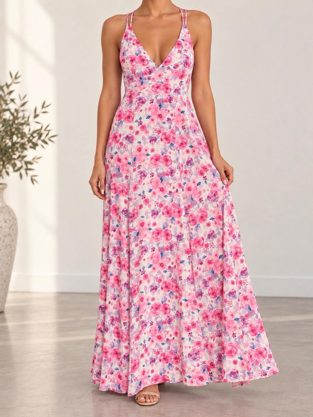In Bloom Pink Floral V-Neck Double-Strap Maxi Dress